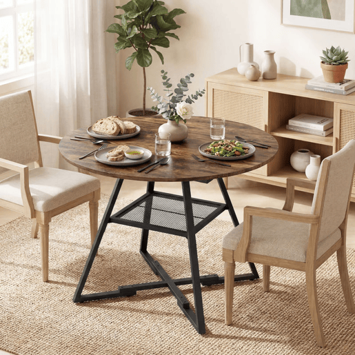 HOMCOM Mesa Redonda 100 cm para 4 Pessoas Mesa de Refeição de Estilo Industrial com Prateleira Efeito Madeira e Estrutura Metálica Preta