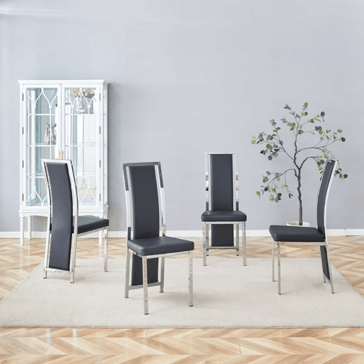 Cadeiras de sala de jantar 4 unidades 109 cm - design minimalista europeu, estofadas em PU com estrutura metálica brilhante - preto e prateado