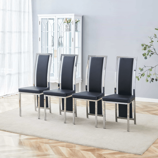 Cadeiras de sala de jantar 4 unidades 109 cm - design minimalista europeu, estofadas em PU com estrutura metálica brilhante - preto e prateado