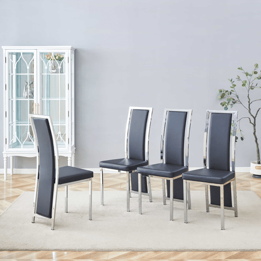 Cadeiras de sala de jantar 4 unidades 109 cm - design minimalista europeu, estofadas em PU com estrutura metálica brilhante - preto e prateado