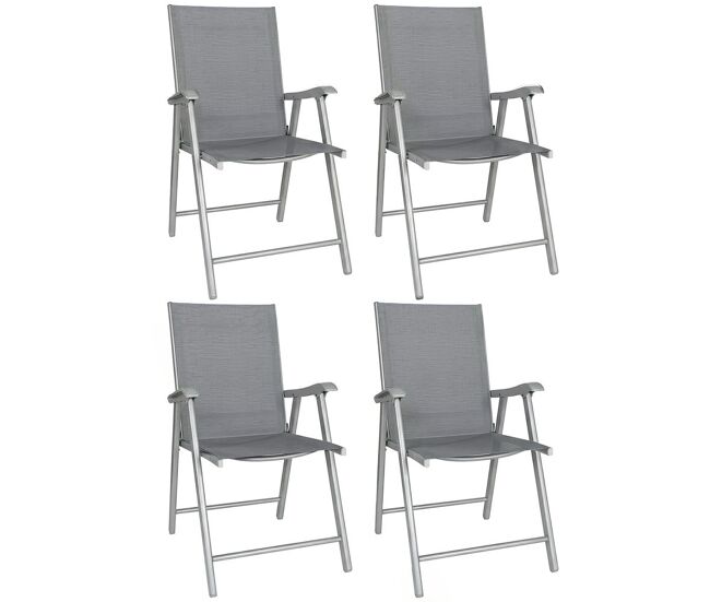 Outsunny pack de 4 sillas de camping plegables, sillas de jardín exterior con respaldo alto y reposabrazos, tela textilene transpirable y marco de acero para terraza, playa, 58x62x97 cm, gris claro