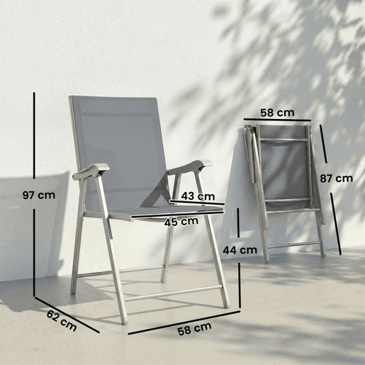 Outsunny Conjunto de 4 Cadeiras de Campismo Dobráveis Cadeiras de Jardim com Encosto Alto e Apoio de Braços Tecido Textilene Respirável e Estrutura de Aço para Terraço Praia 58x62x97 cm Cinza Claro