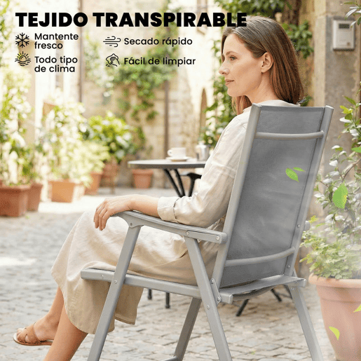Outsunny Conjunto de 4 Cadeiras de Campismo Dobráveis Cadeiras de Jardim com Encosto Alto e Apoio de Braços Tecido Textilene Respirável e Estrutura de Aço para Terraço Praia 58x62x97 cm Cinza Claro