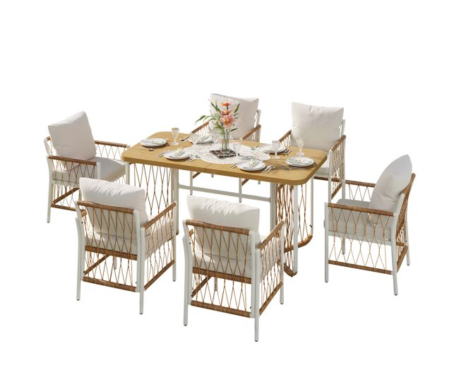 Mesa y sillas de jardín de metal con 6 sillas,beige+natural