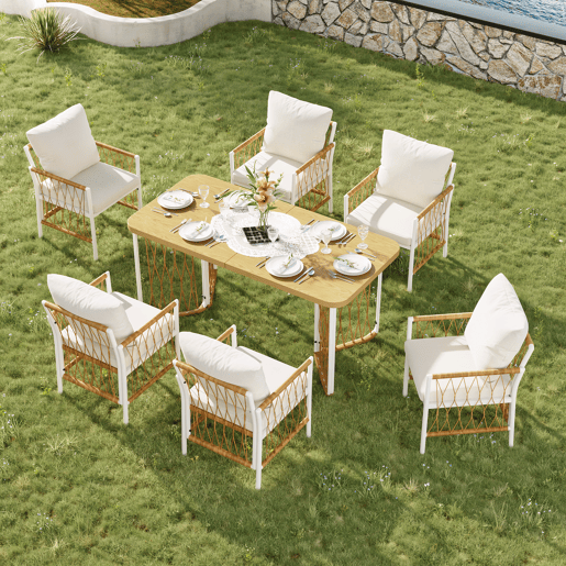 Mesa e cadeiras de jardim de metal com 6 cadeiras,bege+natural