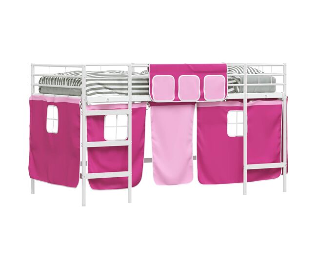 Estructura de cama alta para niños con cortinas y rosa