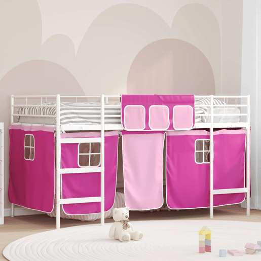 Estrutura de Cama Loft para Crianças com Cortinas Branco e Rosa