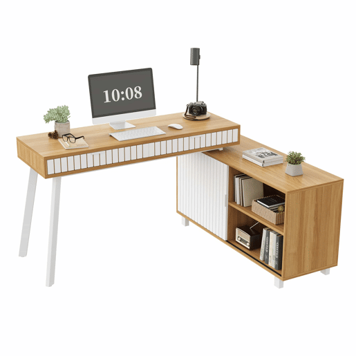 Secretária em L 140 x 120 x 76,5 cm - estilo moderno minimalista, padrão de riscas verticais, pés em aço, 2 gavetas, armário espaçoso - naturalbranco