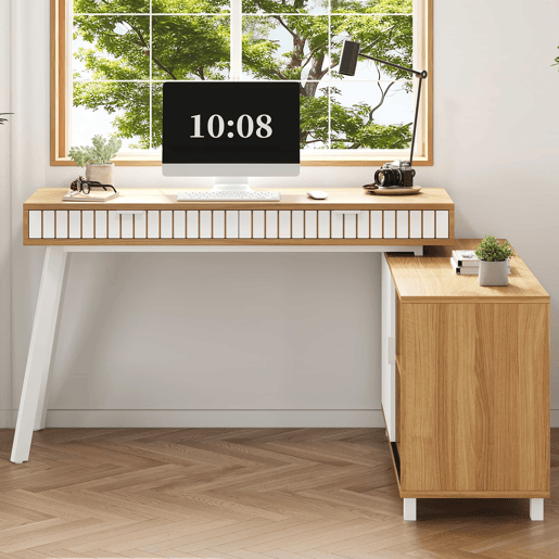 Secretária em L 140 x 120 x 76,5 cm - estilo moderno minimalista, padrão de riscas verticais, pés em aço, 2 gavetas, armário espaçoso - naturalbranco