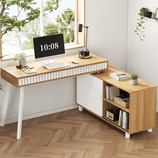 Secretária em L 140 x 120 x 76,5 cm - estilo moderno minimalista, padrão de riscas verticais, pés em aço, 2 gavetas, armário espaçoso - naturalbranco