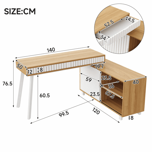 Secretária em L 140 x 120 x 76,5 cm - estilo moderno minimalista, padrão de riscas verticais, pés em aço, 2 gavetas, armário espaçoso - naturalbranco
