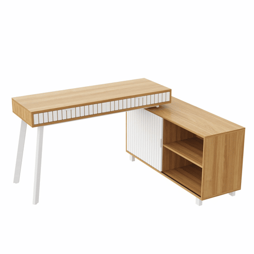 Secretária em L 140 x 120 x 76,5 cm - estilo moderno minimalista, padrão de riscas verticais, pés em aço, 2 gavetas, armário espaçoso - naturalbranco