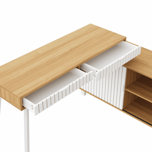 Secretária em L 140 x 120 x 76,5 cm - estilo moderno minimalista, padrão de riscas verticais, pés em aço, 2 gavetas, armário espaçoso - naturalbranco