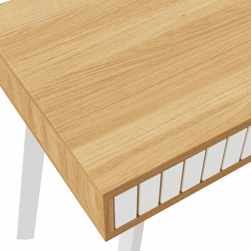 Secretária em L 140 x 120 x 76,5 cm - estilo moderno minimalista, padrão de riscas verticais, pés em aço, 2 gavetas, armário espaçoso - naturalbranco