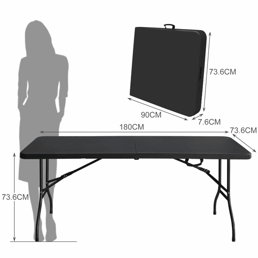 Mesa dobrável portátil de 180 cm - resistente, multifuncional, com pega, capacidade de carga de 135 kg - preta