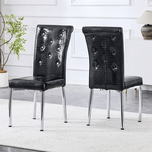Cadeiras de sala de jantar 2 unidades - Estofadas em pele crocodilo retro, fivela em cristal, pernas em metal - Preto