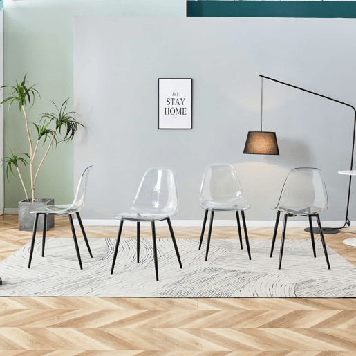 Cadeiras de sala de jantar, 4 unidades - Plástico transparente, pernas metálicas pretas, antiderrapantes e fáceis de limpar - Preto+Transparente