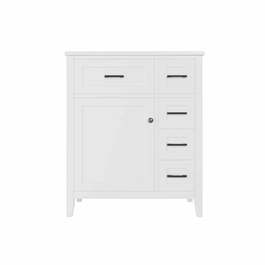 Móvel de casa de banho 76 x 46 x 90 cm - 4 gavetas silenciosas, porta com prateleiras, lavatório de cerâmica integrado, puxadores pretos - Branco