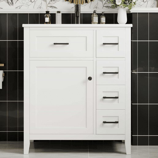 Móvel de casa de banho 76 x 46 x 90 cm - 4 gavetas silenciosas, porta com prateleiras, lavatório de cerâmica integrado, puxadores pretos - Branco