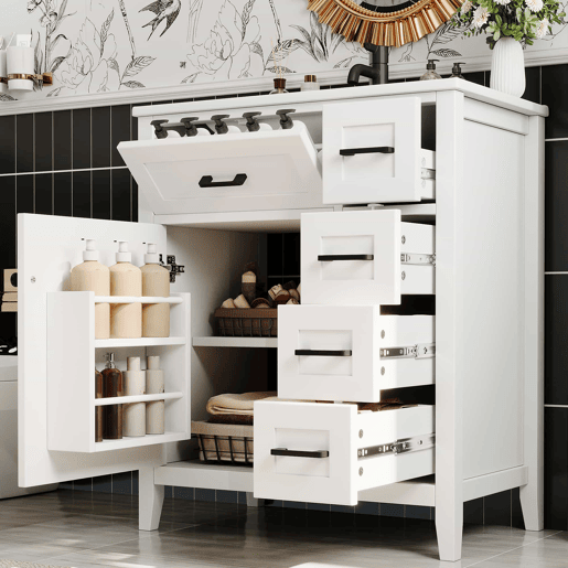 Móvel de casa de banho 76 x 46 x 90 cm - 4 gavetas silenciosas, porta com prateleiras, lavatório de cerâmica integrado, puxadores pretos - Branco