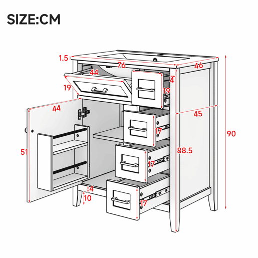 Móvel de casa de banho 76 x 46 x 90 cm - 4 gavetas silenciosas, porta com prateleiras, lavatório de cerâmica integrado, puxadores pretos - Branco