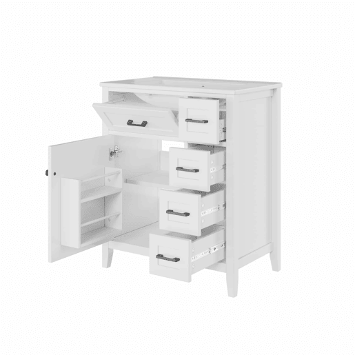 Móvel de casa de banho 76 x 46 x 90 cm - 4 gavetas silenciosas, porta com prateleiras, lavatório de cerâmica integrado, puxadores pretos - Branco