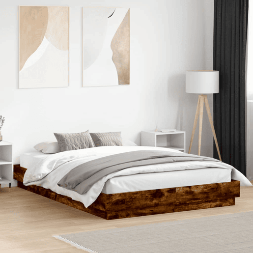 Estrutura de Cama de casal moderno com luzes LED 140x200 cm carvalho fumado