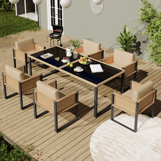 Mesa e cadeiras de jardim de rattan com 6 cadeiras,castanho