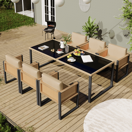 Mesa e cadeiras de jardim de rattan com 6 cadeiras,castanho