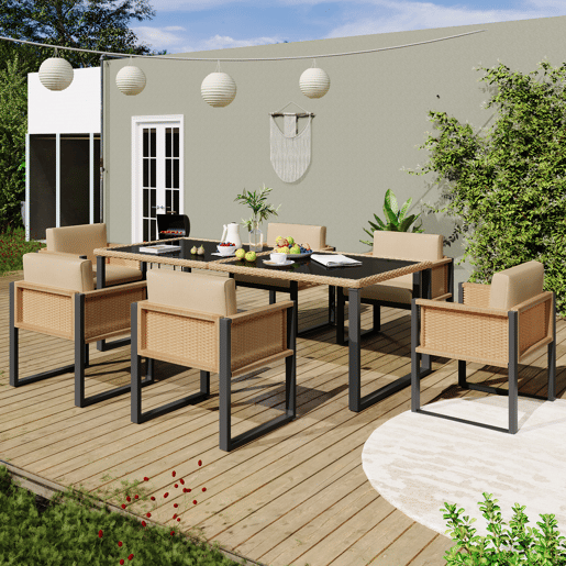 Mesa e cadeiras de jardim de rattan com 6 cadeiras,castanho