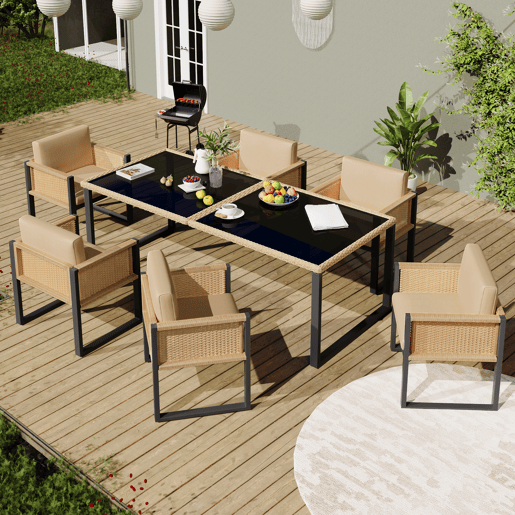 Mesa e cadeiras de jardim de rattan com 6 cadeiras,castanho