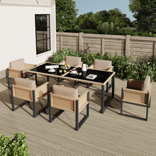 Mesa e cadeiras de jardim de rattan com 6 cadeiras,castanho