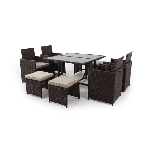 Conjunto de mesa, 4 cadeiras e 4 pufes em rattan PE. Mobiliário para jardim e pátio, rattan castanho.