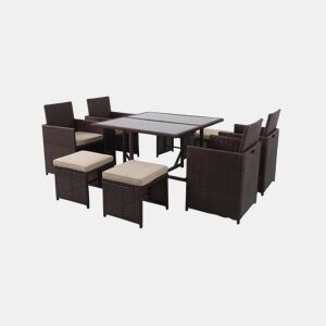 Conjunto de mesa, 4 cadeiras e 4 pufes em rattan PE. Mobiliário para jardim e pátio, rattan castanho.