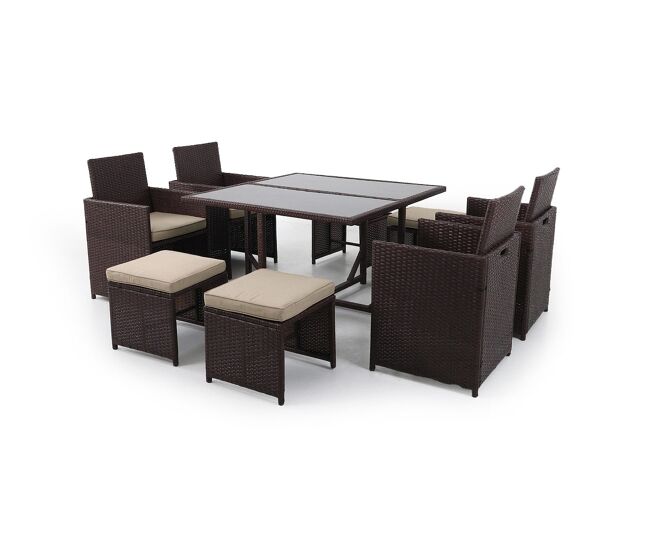 Conjunto mesa + 4 sillas + 4 pufs en ratan pe. muebles de jardin y terraza, ratan marron