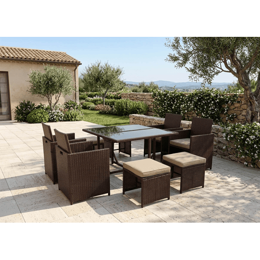 Conjunto de mesa, 4 cadeiras e 4 pufes em rattan PE. Mobiliário para jardim e pátio, rattan castanho.