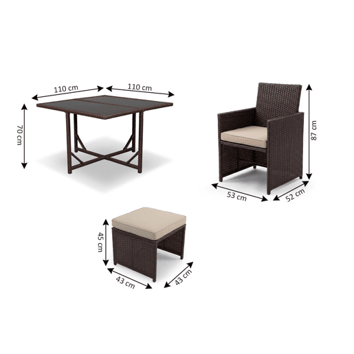 Conjunto de mesa, 4 cadeiras e 4 pufes em rattan PE. Mobiliário para jardim e pátio, rattan castanho.