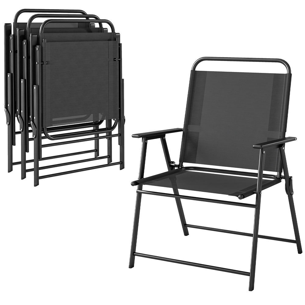 Outsunny pack de 4 sillas de camping plegables, sillas de jardín exterior con respaldo alto, asiento ancho y reposabrazos, tela textilene transpirable y marco de acero para terraza, 65x60x94 cm, negro