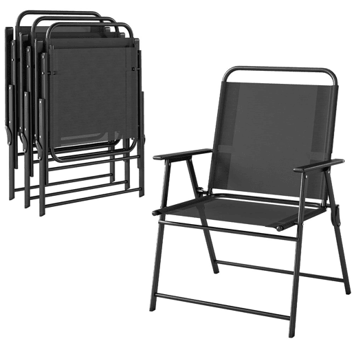 Outsunny Conjunto de 4 Cadeiras de Campismo Dobráveis Cadeiras de Jardim com Encosto Alto Assento Largo e Apoios de Braços Tecido Textilene Respirável e Estrutura de Aço 65x60x94 cm Preto