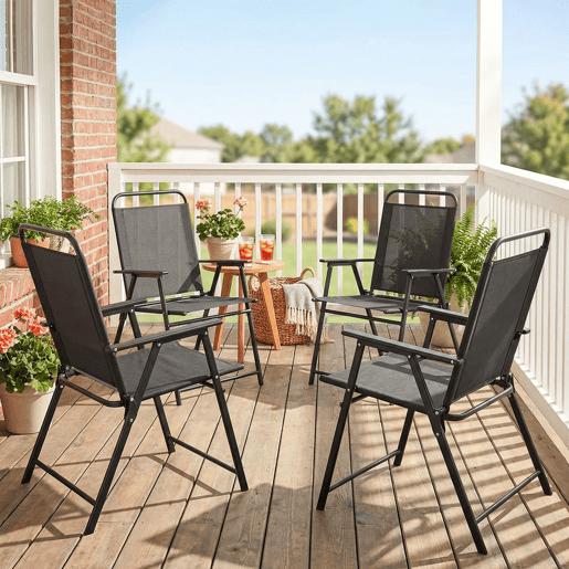 Outsunny Conjunto de 4 Cadeiras de Campismo Dobráveis Cadeiras de Jardim com Encosto Alto Assento Largo e Apoios de Braços Tecido Textilene Respirável e Estrutura de Aço 65x60x94 cm Preto