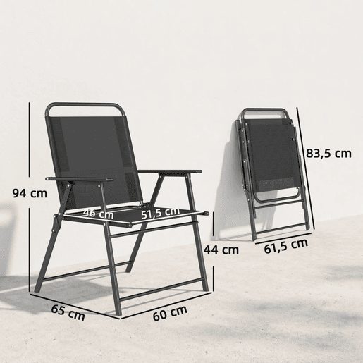 Outsunny Conjunto de 4 Cadeiras de Campismo Dobráveis Cadeiras de Jardim com Encosto Alto Assento Largo e Apoios de Braços Tecido Textilene Respirável e Estrutura de Aço 65x60x94 cm Preto