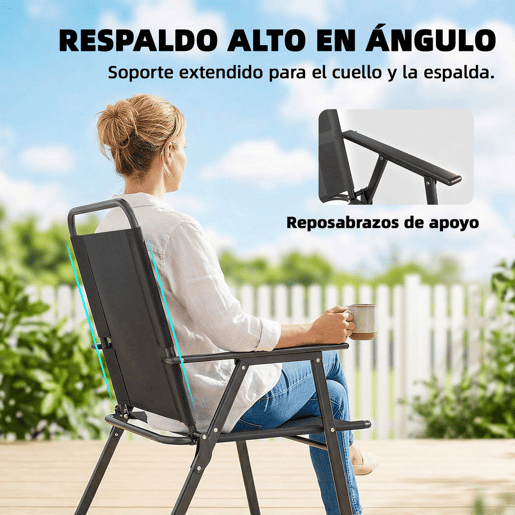 Outsunny Conjunto de 4 Cadeiras de Campismo Dobráveis Cadeiras de Jardim com Encosto Alto Assento Largo e Apoios de Braços Tecido Textilene Respirável e Estrutura de Aço 65x60x94 cm Preto