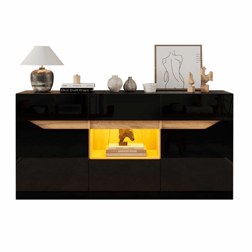 Aparador de sala 140 x 40 x 70 cm - 4 gavetas, armário com 2 compartimentos, design sem puxadores, acabamento de alto brilho com iluminação LED - preto e madeira