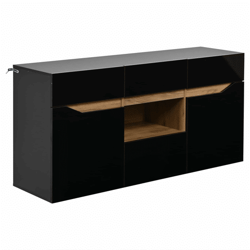 Aparador de sala 140 x 40 x 70 cm - 4 gavetas, armário com 2 compartimentos, design sem puxadores, acabamento de alto brilho com iluminação LED - preto e madeira