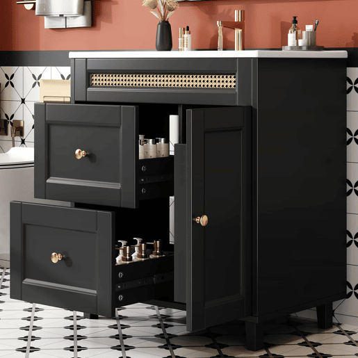 Móvel de casa de banho com lavatório 76x46x86,5 cm - gavetas com corrediças silenciosas, portas com fecho suave, puxadores dourados, detalhes em rattan, lavatório em cerâmica - preto
