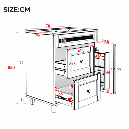 Móvel de casa de banho com lavatório 76x46x86,5 cm - gavetas com corrediças silenciosas, portas com fecho suave, puxadores dourados, detalhes em rattan, lavatório em cerâmica - preto