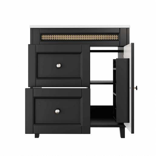 Móvel de casa de banho com lavatório 76x46x86,5 cm - gavetas com corrediças silenciosas, portas com fecho suave, puxadores dourados, detalhes em rattan, lavatório em cerâmica - preto