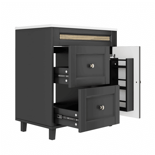 Móvel de casa de banho com lavatório 76x46x86,5 cm - gavetas com corrediças silenciosas, portas com fecho suave, puxadores dourados, detalhes em rattan, lavatório em cerâmica - preto