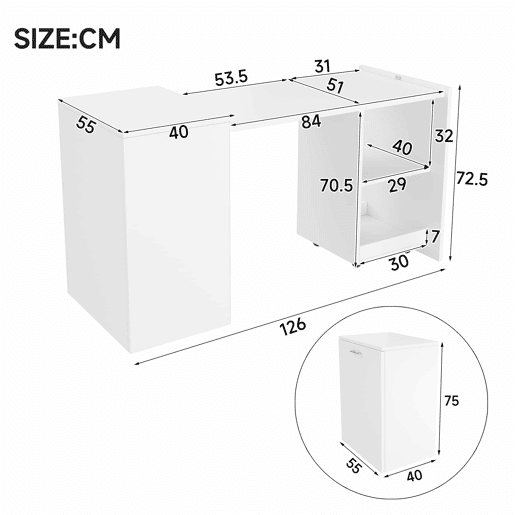 Mesa multifuncional dobrável 126 x 55 x 72,5 cm - secretária e armário com dois compartimentos, alta resistência - branco