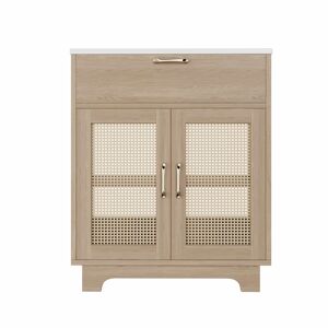 Móvel de casa de banho com lavatório 76x46x88 cm - resistente à humidade, gavetas com sistema de abertura suave, porta dupla com fecho suave, pés altos com detalhes em rattan, lavatório em cerâmica - cor natural